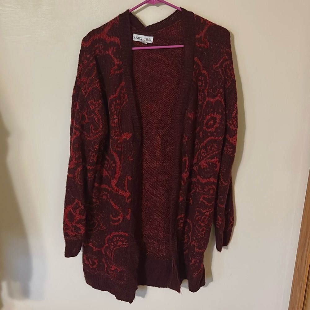 Knox rose red Long Sleeve open jacquard Cardigan Sweater size XL